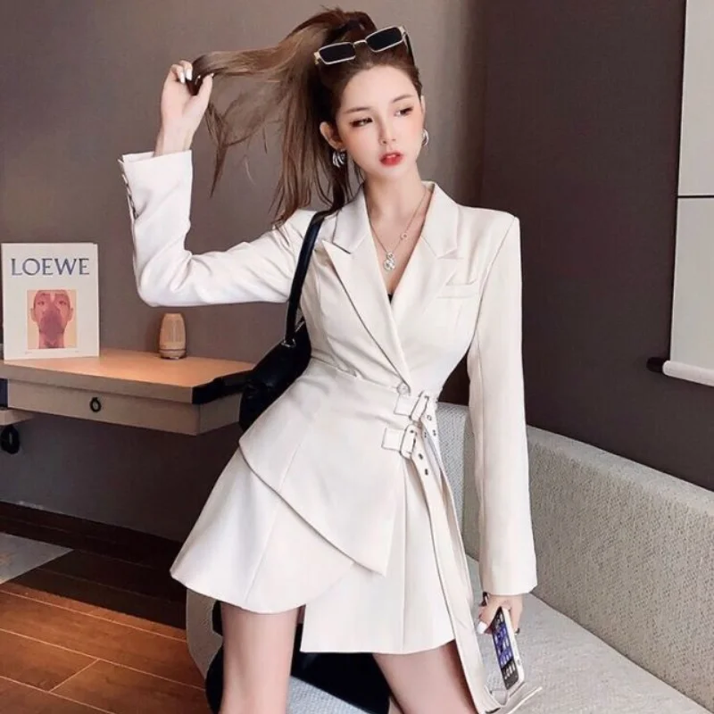 Spring Autumn New Korean Fashion Black Suit Dress Lace Up Asymmetric Elegant Solid  Waist Pulling Dresses for Women