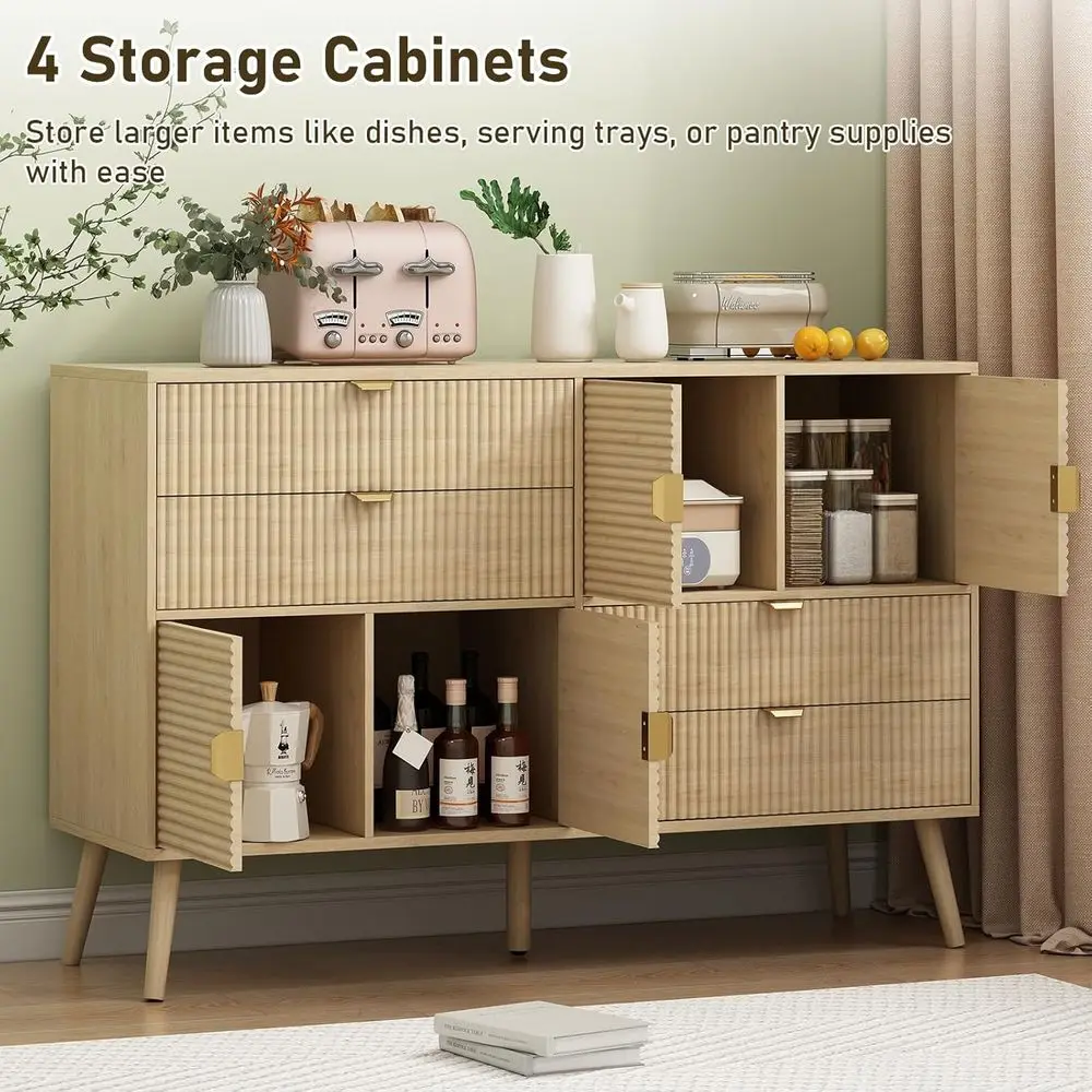 بوفيه حديث من خشب البلوط 47 من منتصف القرن مع 4 أدراج وأبواب، وخزانة تخزين لمساحات المعيشة