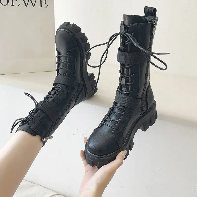 Buty damskie Punk Buty dla kobiet Pół Wysoka Platforma Obuwie Biker Studded Mid Calf Western 2024 Nowość w promocji Praca Rock In