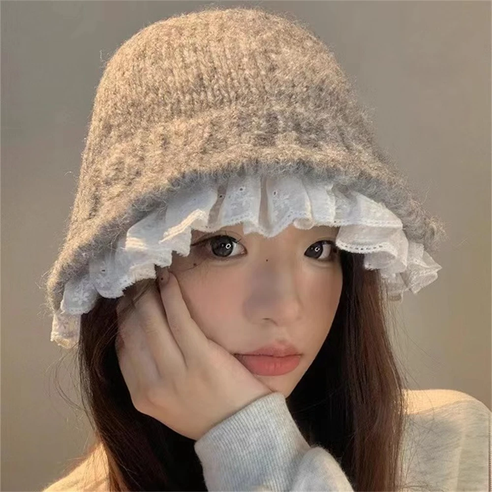 Winter Lace Soft Warm Knitting Hats Female Thickened Decorative Basin Hat Anti-freezing Chunky Rod Woolen Cap Clothing Accessory view 3