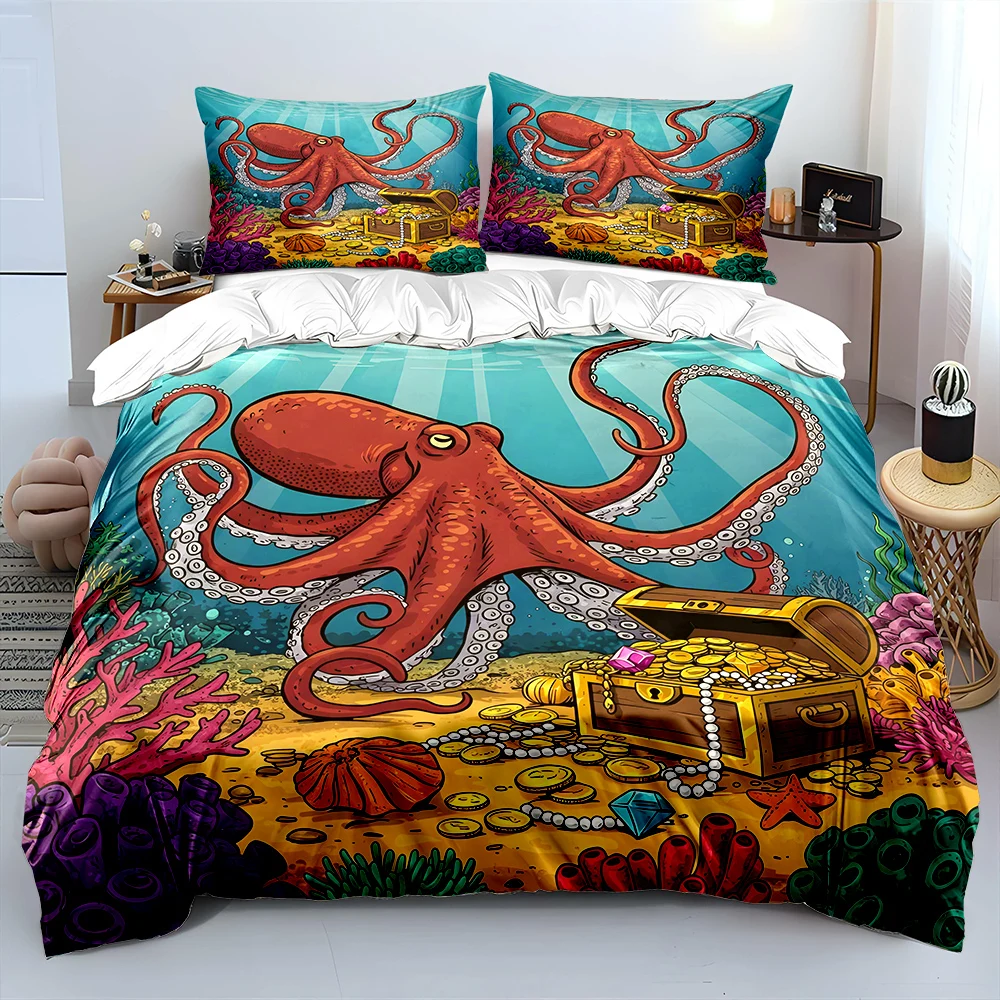 Octopus treasure chest underwater Bedding Set for Kids Luxury Gift 3pcs Digital Print Comforter Set Soft Comfortable Breathable