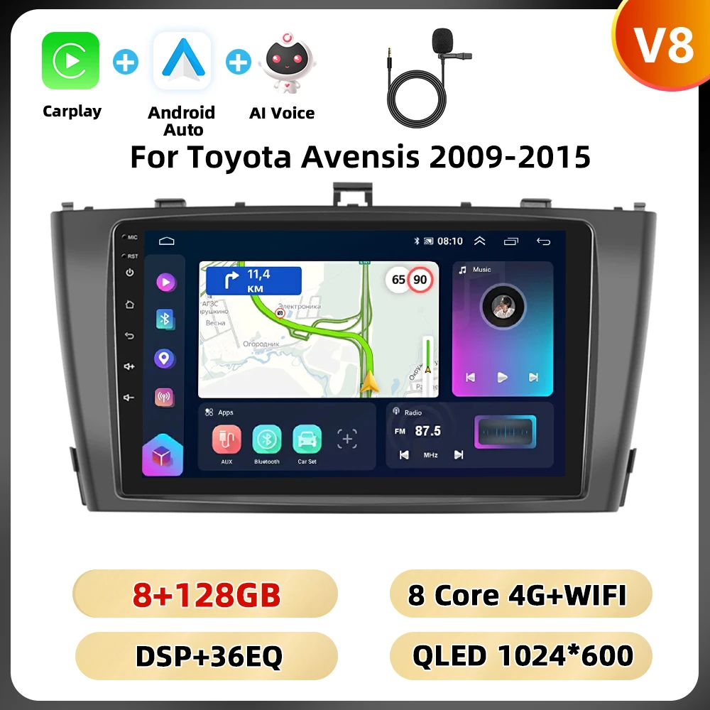Podofo 2din 8Core Autoradio Voor Toyota Avensis 2009-2015 Multimediaspeler Carplay Android Auto Gps Navigatie Dsp 9 ''Auto Audio