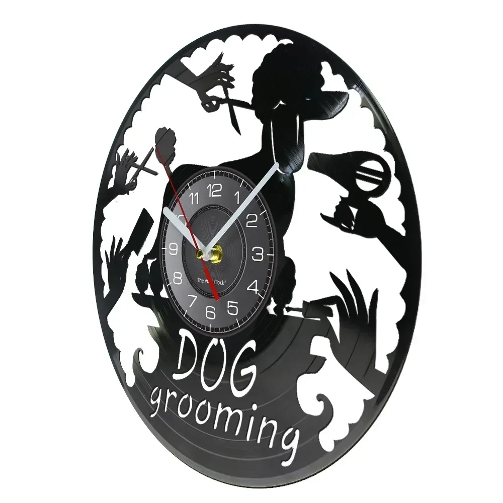 Pet Dog Beauty Salon Logo Vinyl Record Wall Clock Dog Pet Shop Decoration Dog Grooming Haircutting Nail Art Retro Wall Watch