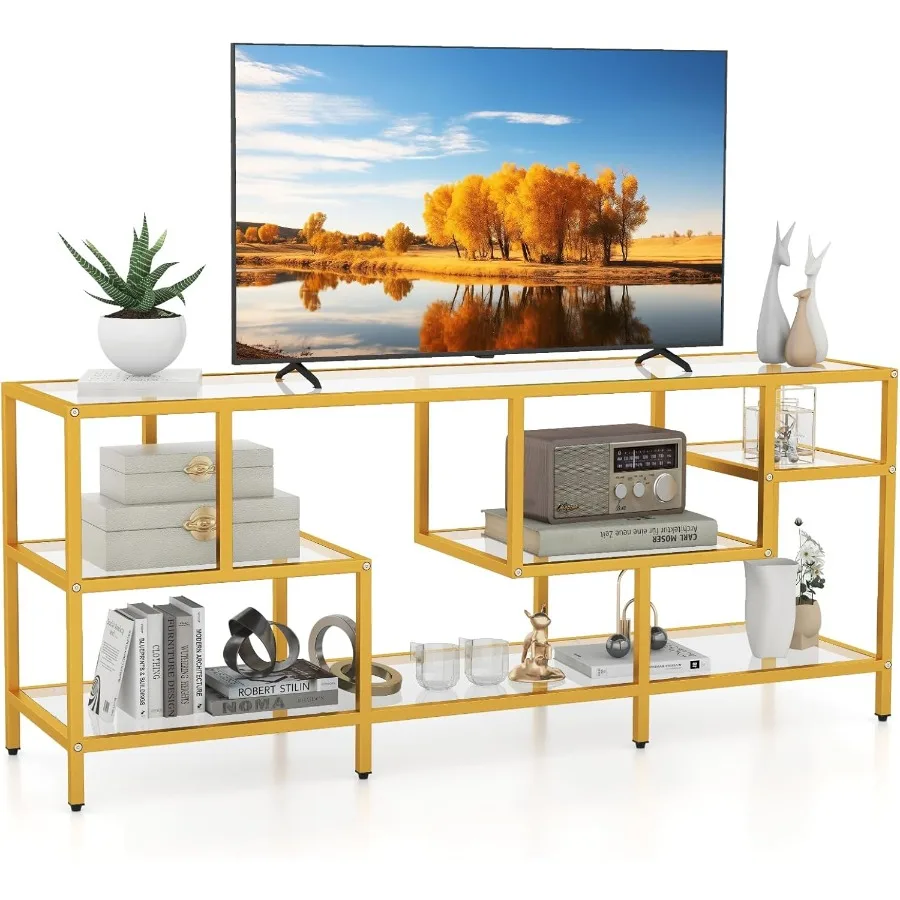 

Gold TV Stand for TVs up to 65 58 TV Console Table with Tempered Glass Shelves Golden Metal Frame Modern Media Entertainment Ce