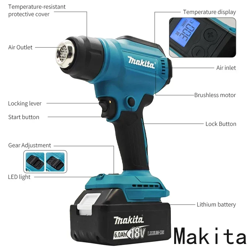 Lihat 550 ° C Pistol Panas Kontrol Suhu 18V Pistol Udara Panas Genggam Tanpa Kabel dengan Tampilan LED Peniup Termal Solder Baru,