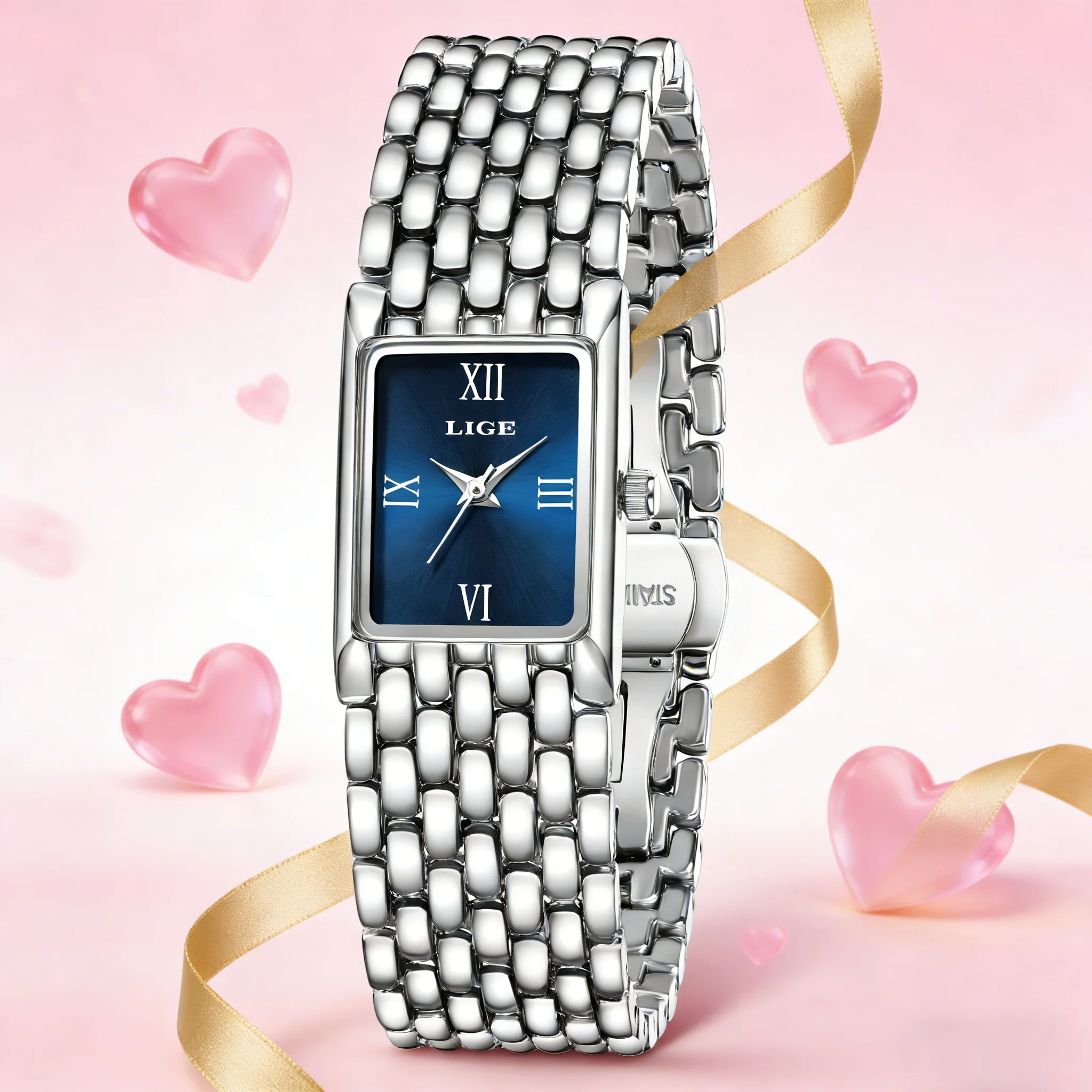 LIGE Silver Women Watch Square Lady Quartz Wristwatches Stainless Steel Roman Dial Gold Watch for Girl Valentine's Day Gift+Box
