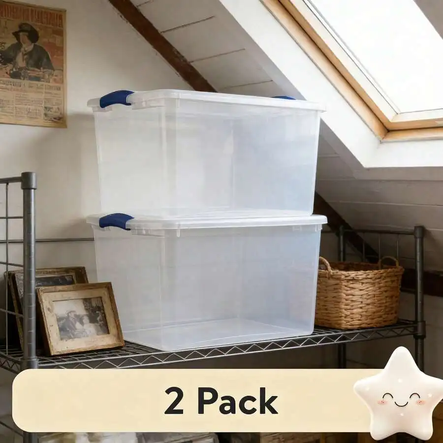 

2 Pack Large Clear Plastic Storage Bin 66 Quart with Secure Latch Lid in Blue