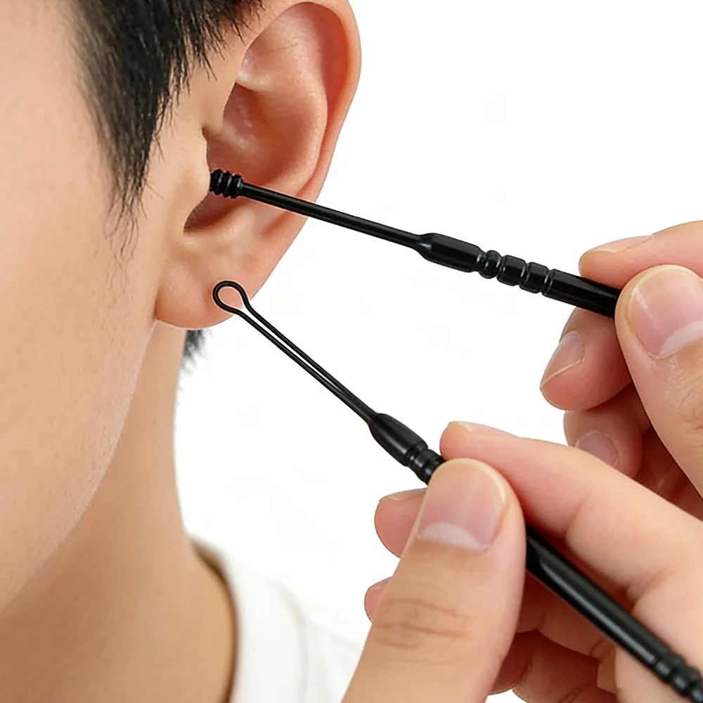 Black Ear Cleaning Tools, Ear Pick Set, Ear Cleaning Tool Set, Ear Pick Cleaning Tool, Portable Ear Pick with Keychain for Adults, Earwax Removal Tool, Ear Cleaner, Suitable for Home, Travel, Adults