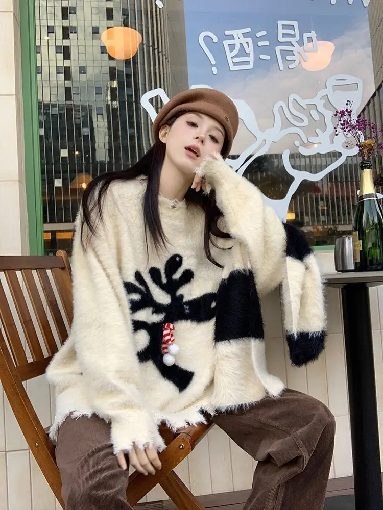 White Pullovers Christmas Reindeer Jacquard Weave Knitted Sweater Korean Winter Women High Quality Kawaii Knitwear Jumpers Teens