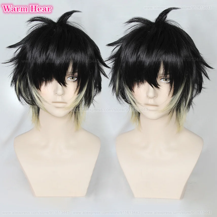 Anime Towa Synthetic Men Short Black Yellow Cosplay Anime Wig With Eye Patch Heat Resistant Hair Halloween Party Wigs + Wig Cap