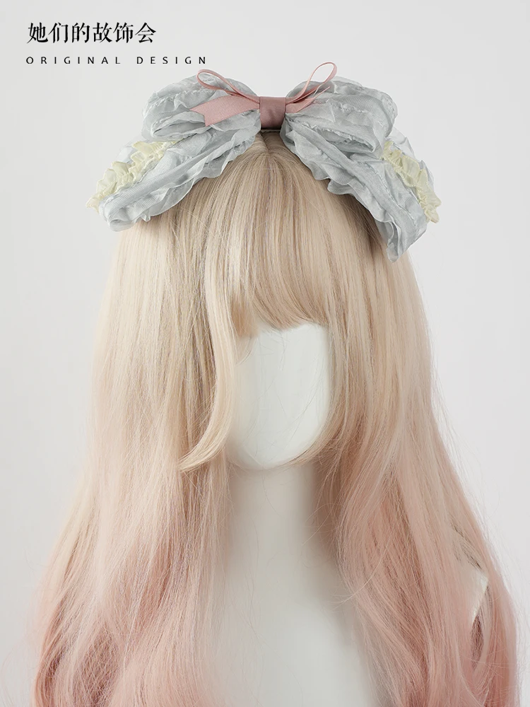 Mist wind chimes poetry Spring pink blue hair accessories original hand-made Lolita  lace bow flower flat hat