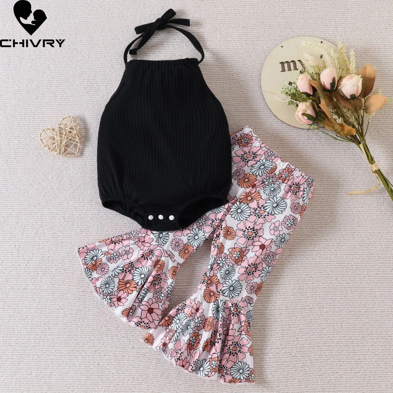 

Baby Girl Clothing Sets New 2023 Summer Newborn Girls Sleeveless Solid Bodysuit with Fashion Floral Print Flared Trousers