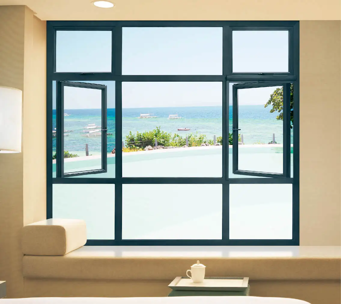 LEDOW Modern Design Hurricane Bullet-Proof Aluminum Tempered Glass Window System Swing Open Style Wooden Frame Fiberglass Screen