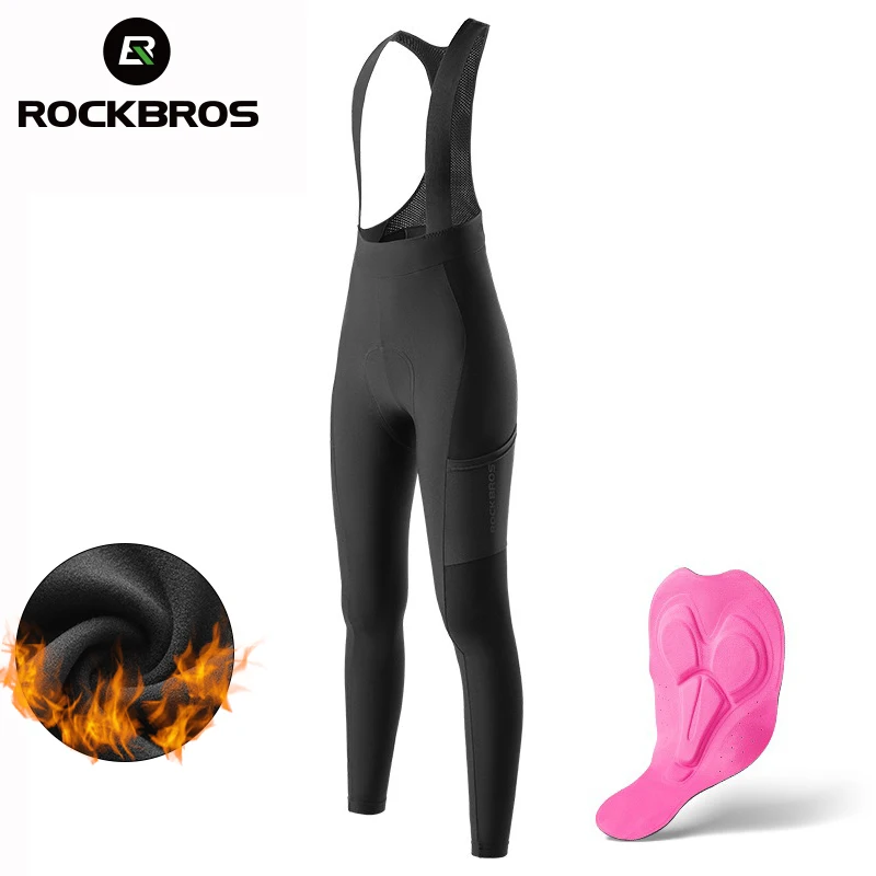 

ROCKBROS Women Winter Warm Bike Bib Pants Windproof Thermal Fleece Bicycle Long Trousers Cushion Padded MTB Road Cycling Pants