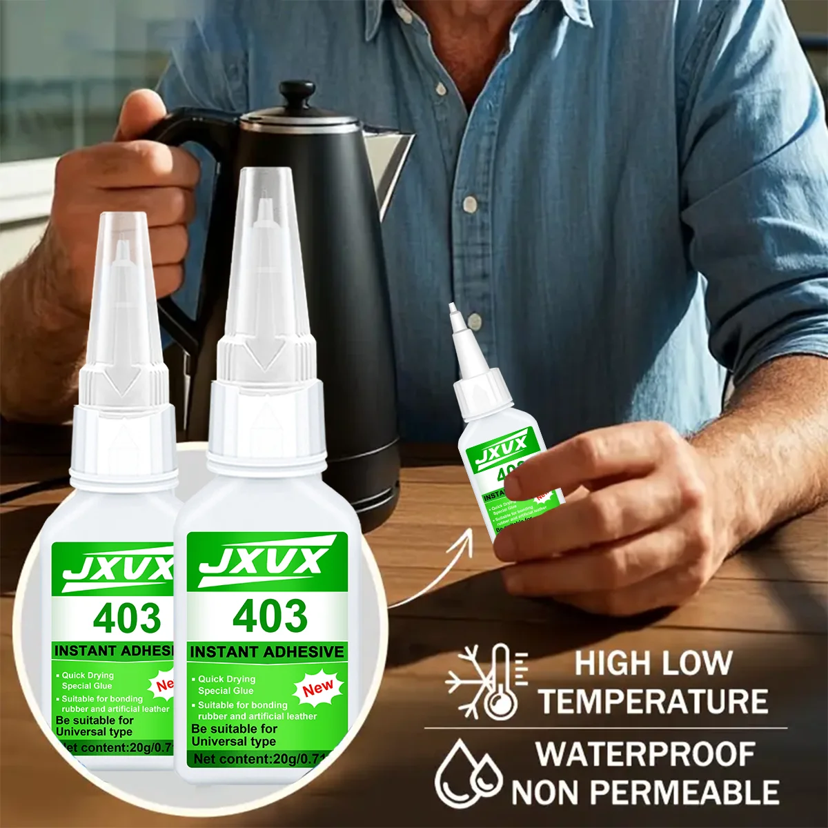Brandneuer, verbesserter 403-Super-Cyanacrylat-Kleber, sofort trocknend in 5 Sekunden, wasserfestes, stabiles und vielseitiges Klebegerät