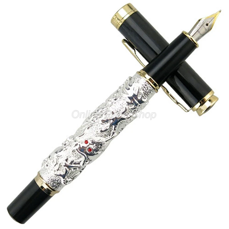 Jinhao เงินโบราณมังกรมงคลแกะสลักลายนูน Medium Nib Fountain ปากกา Professional สํานักงานเครื่องเขียนอุปกรณ์เสริม