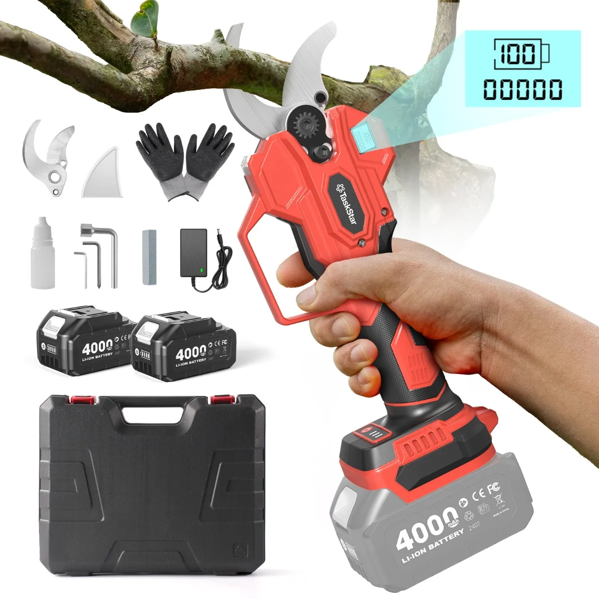 TaskStar 40MM Kabellose Gartenschere, 3-stufig Einstellbare Elektrische Astschere mit SK5-Klinge & LED-Anzeige & 2 4000mAh Akkus, Tragbarer Elektrischer Astschneider für Garten, Obstbäume und