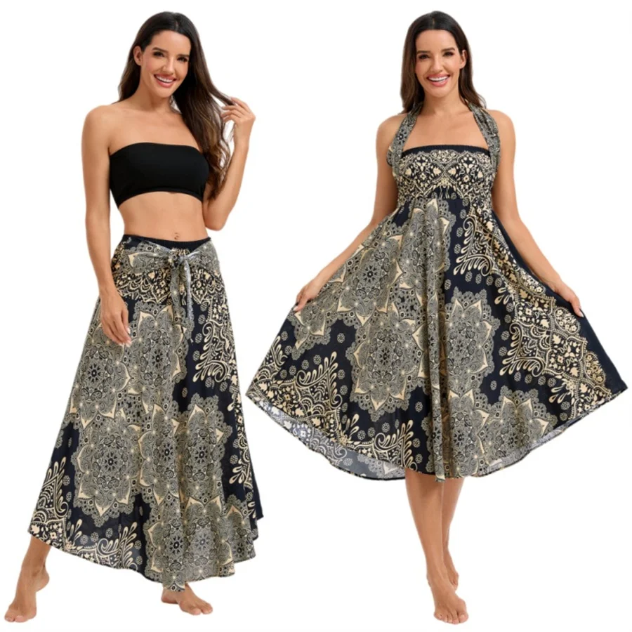 Damen Boho-Kleid aus Rayon, Atmungsaktiv, Weich, Sommerliches Bohemian Langes Kleid, Strandkleidung, Urlaub, Elastische Taille, Bandage-Neckholder, Hippie-Kleid – Detail 18