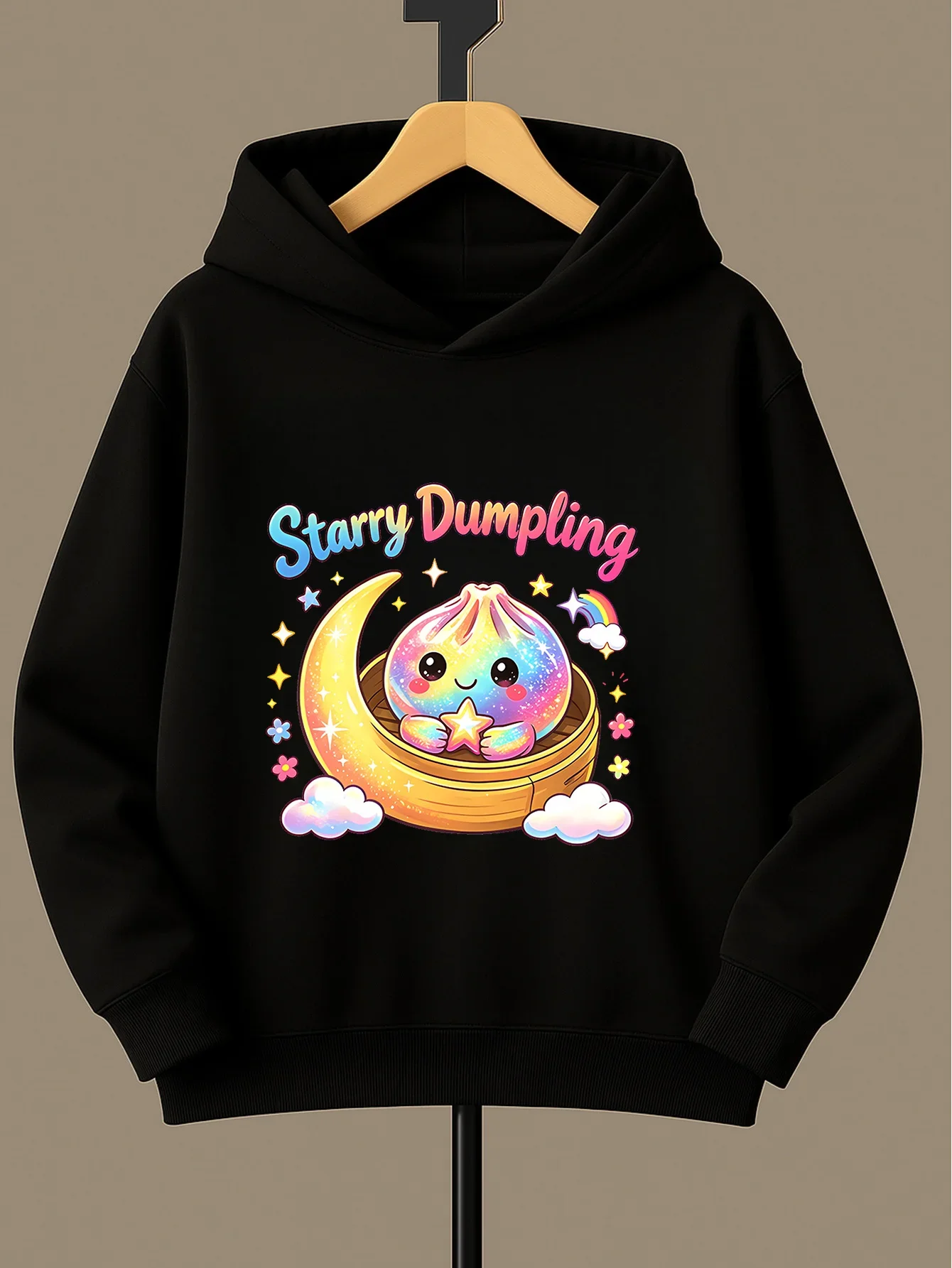 Kawaii Style Kids Hoodie Autumn Winter Fleece Warm Sweatshirt Starry Dumpling Moon Rainbow Cartoon Print Hooded Pullover