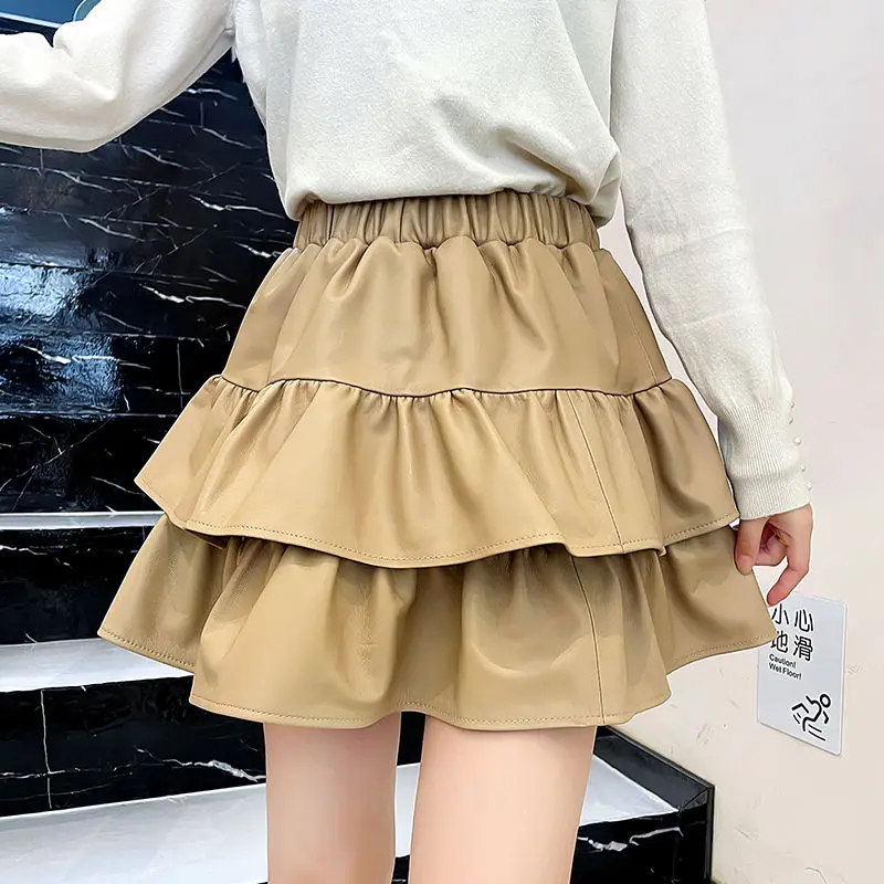 

New Autumn Winter High Waist Ruffled Real Leather Skirts For Women 2024 Sexy Lady Club Black Mini Skirt