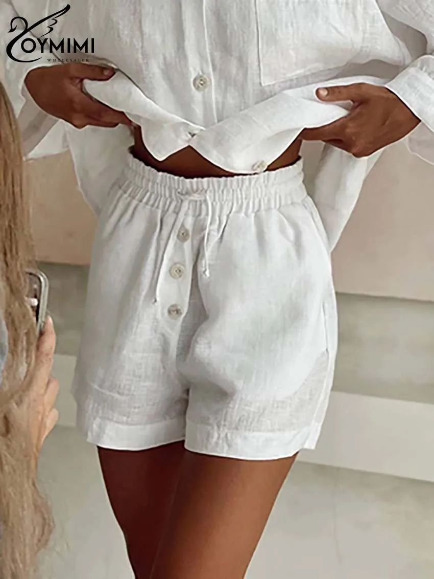 Oymimi Fashion White Cotton Sets Womens 2 Piece Elegant Long Sleeve Button Pockets Shirts And High Waist Drawstring Shorts Sets