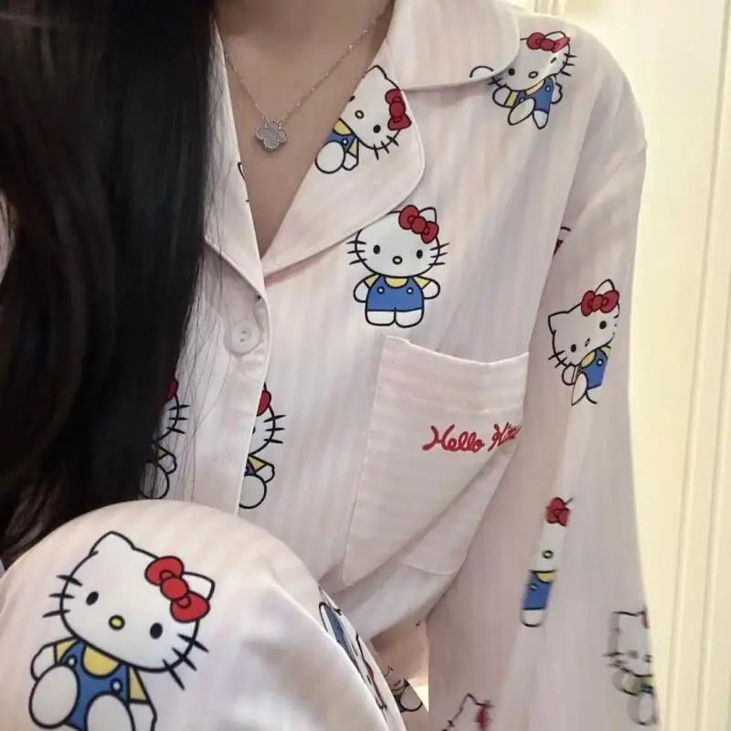 Ragazza Home wear microvilli hello kitty kawaii Cartoon Student Casual primavera autunno cardigan con risvolto Loungewear set pigiama nuovo caldo