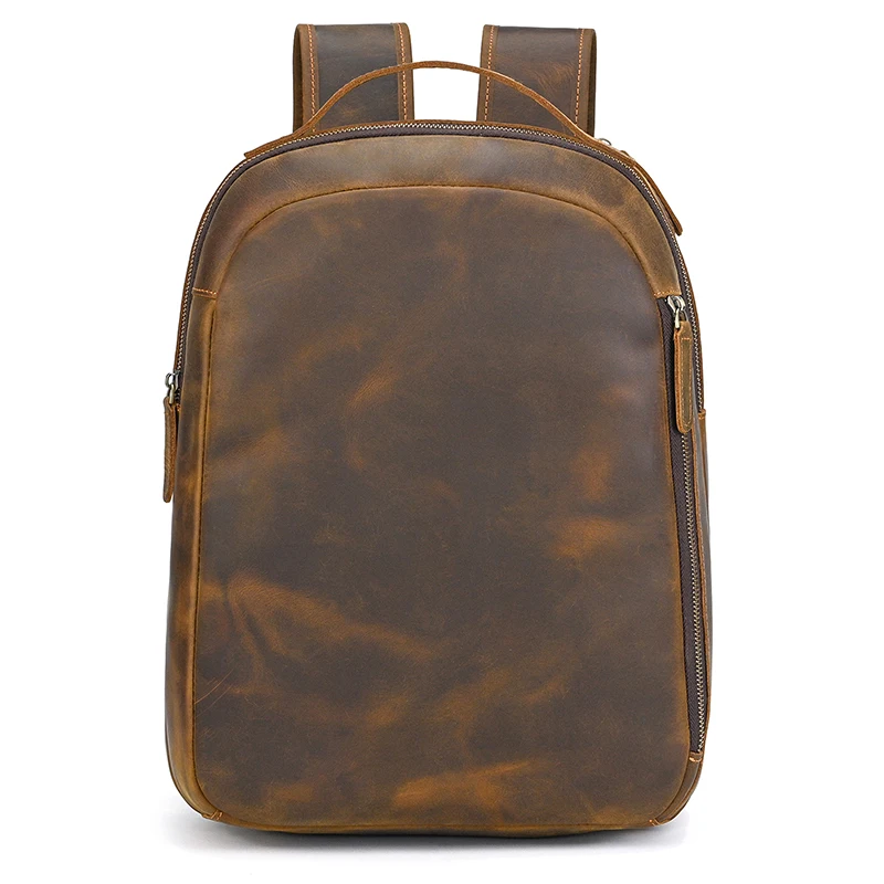 Luufan Men's Retro Crazy Horse Leather Backpack Brown Genuine Leather Rucksack Brown 14 Inch Laptop School Bag