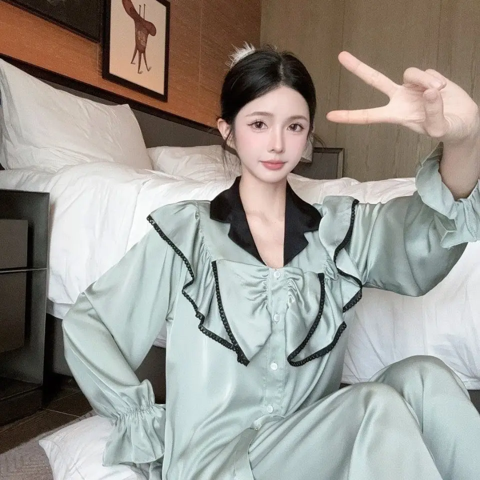 

Pajamas Women Spring Long Sleeve Pijamas Suit Sleepwear Sweet Pink Nightwear 2Pcs Shirt&pant Casual Silk Satin Home Clothes