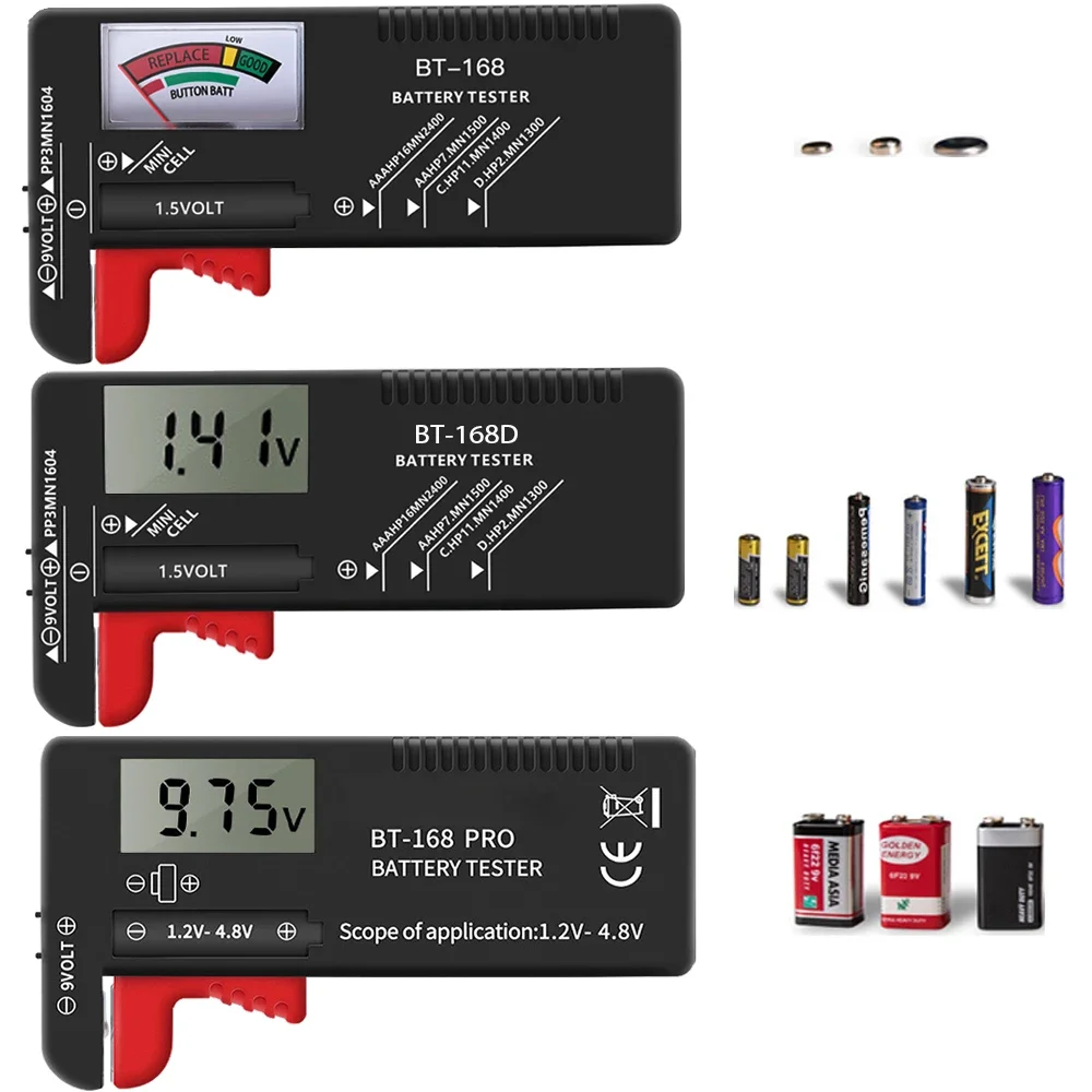 

BT-168 AA/AAA/C/D/9V/1.5V Batteries Universal Button Cell Battery Coded Meter Indicate Battery Volt Tester Checker Power Tester