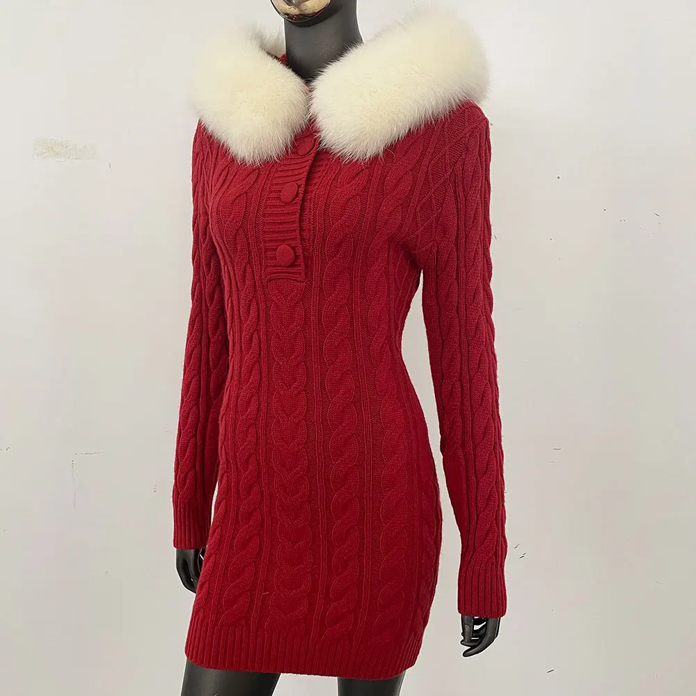 Herbst Winter Elegante Frauen Echtpelz Pullover Rot Schlank Pelz Patchwork Mit Kapuze Gestrickte Kleid Weibliche Große Pelz Strickwaren Hoodie Tops