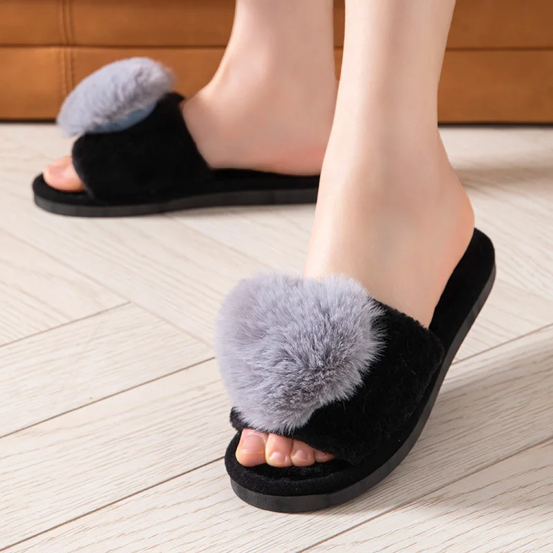 1Pair Non-slip Shoes Flat Bottom Plush Slippers Home Slippers Heart Pattern Cute Winter Women Warm