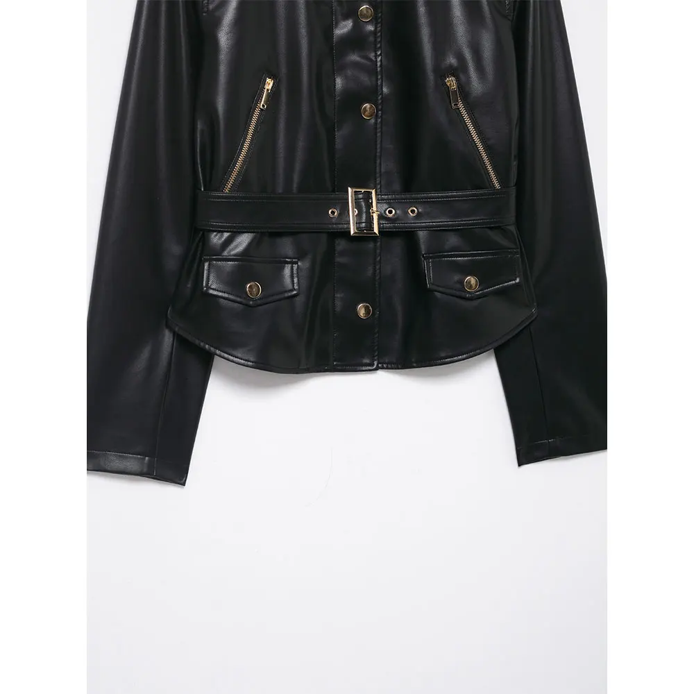 DUOPERI Women's Fashion With Belt PU Black Jackets High Street Stand Collar Long Sleeves Female Elegant Chic Lady Coats Outfits