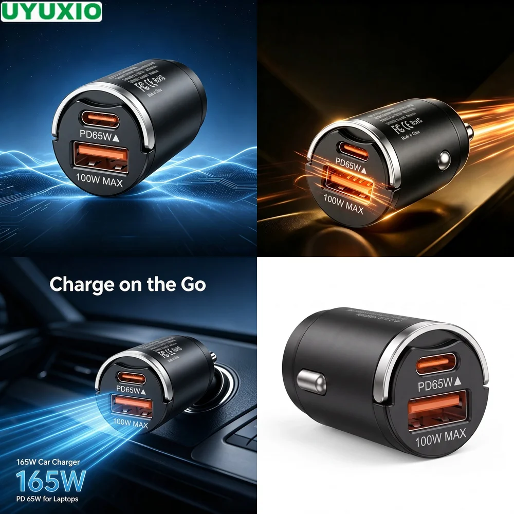 165W Travel Car Charger Metal Body with Multi Protection with 65W USB C and 100W USB A Outputs for Phones Tablets and Laptops