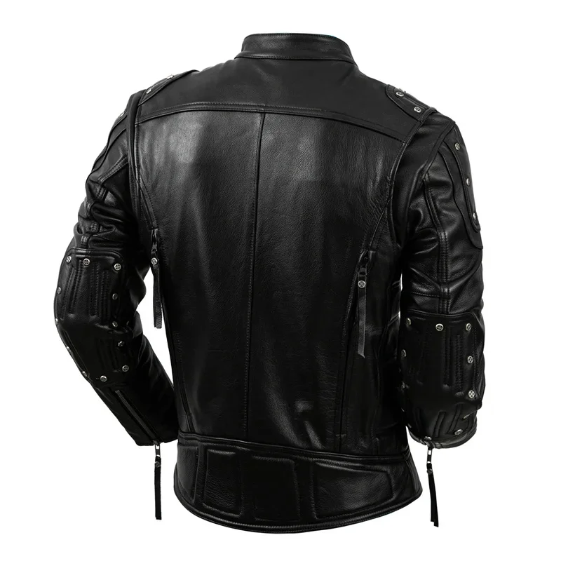 Top layer Cowhide Corium Leather Jacket Men's Fashion Motorcycle s Black Stand CollarZipperRivet