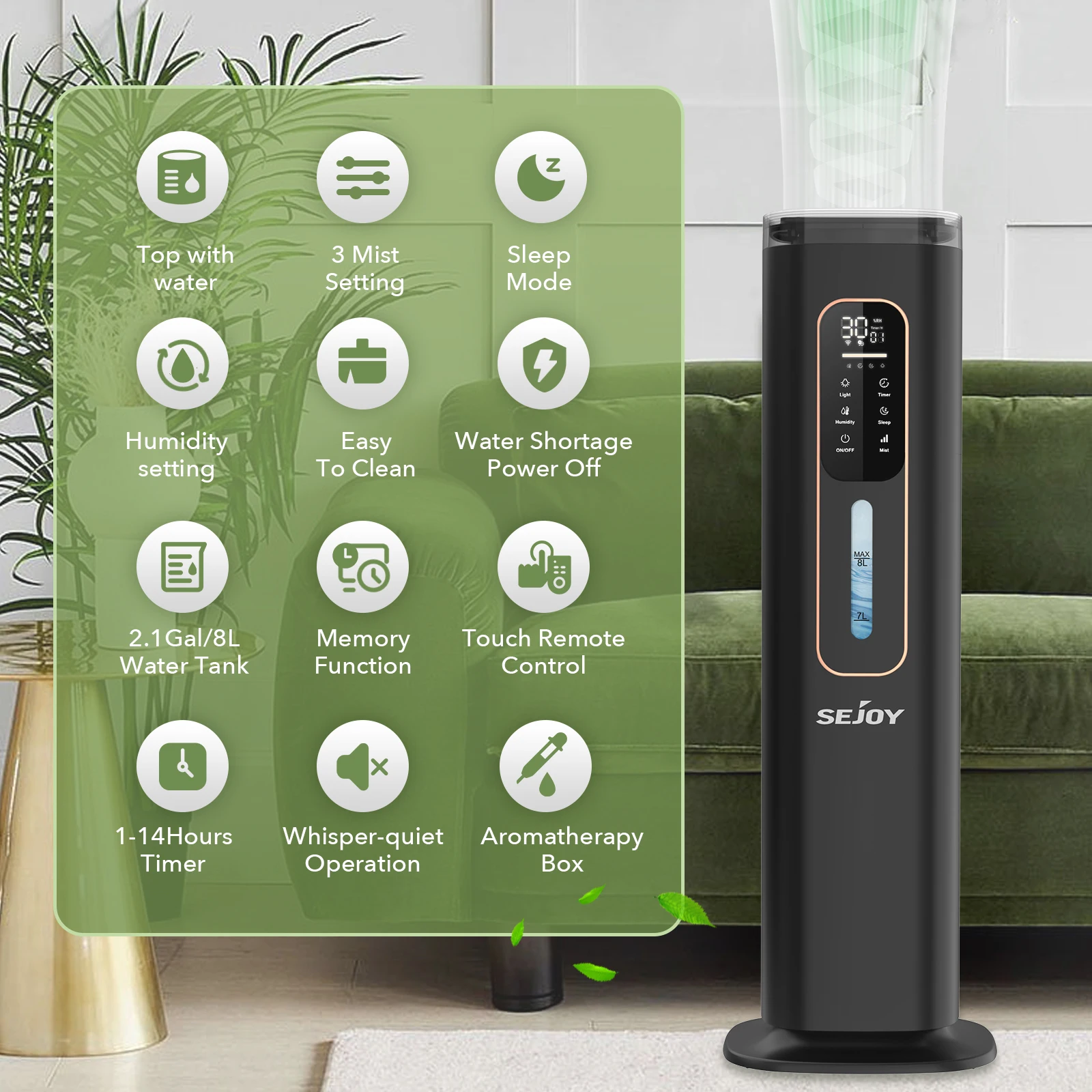 Sejoy-Humidificadores de niebla fría para dormitorio, humidificador de aire de 8L y 110v Para áreas grandes del hogar, para adultos, Humidificador ultrasónico para plantas