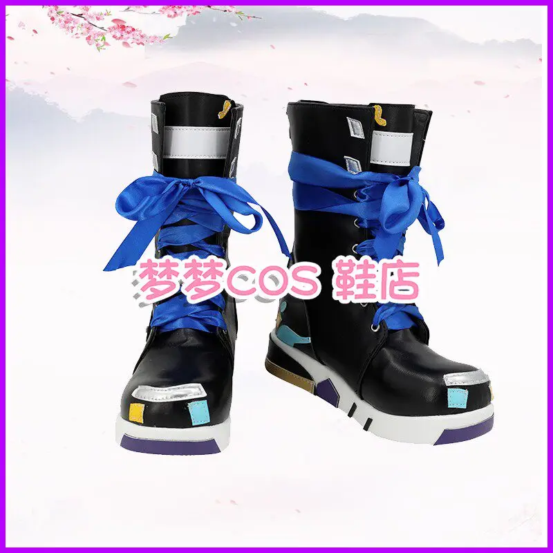 Anime Genshin Impact wanderer Cosplay Shoes Black Blue Short PU Leather Flat Sole Boots For Halloween Carnival