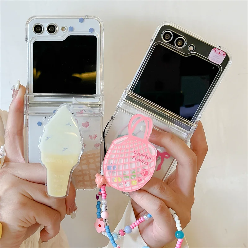 

Cute Ice Cream Stand Bracelet Phone Case For Samsung Galaxy Z Flip 7 FE 3 4 5 6 Hinge Shockproof Back Cover