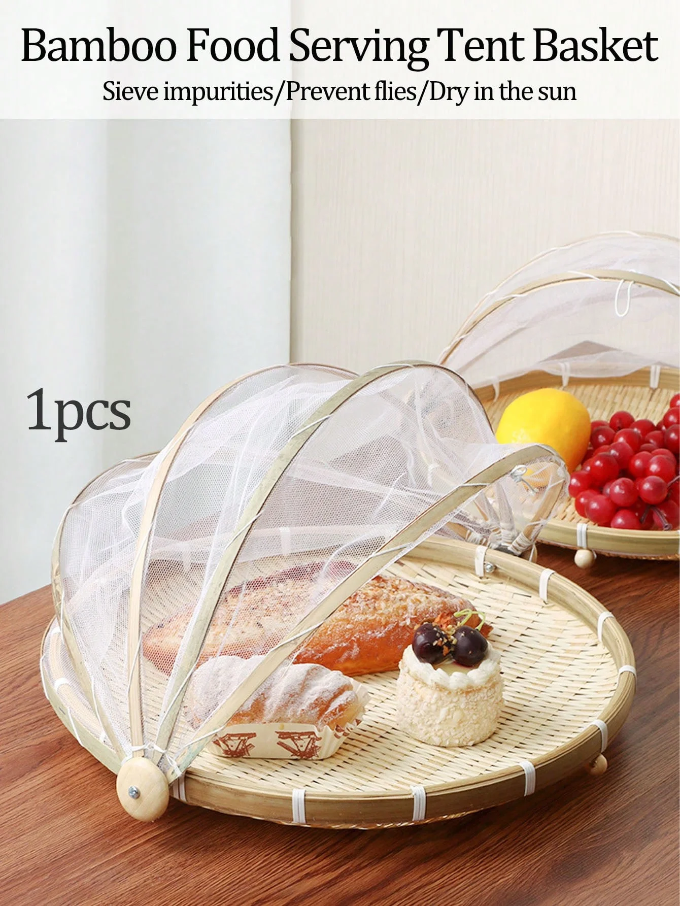 1pcs Hand-Woven Food Serving Tent Bamboo Basket, Fruit Vegetable Bread Cover Storage Container Outdoor Picnic Food Cover Mesh Te