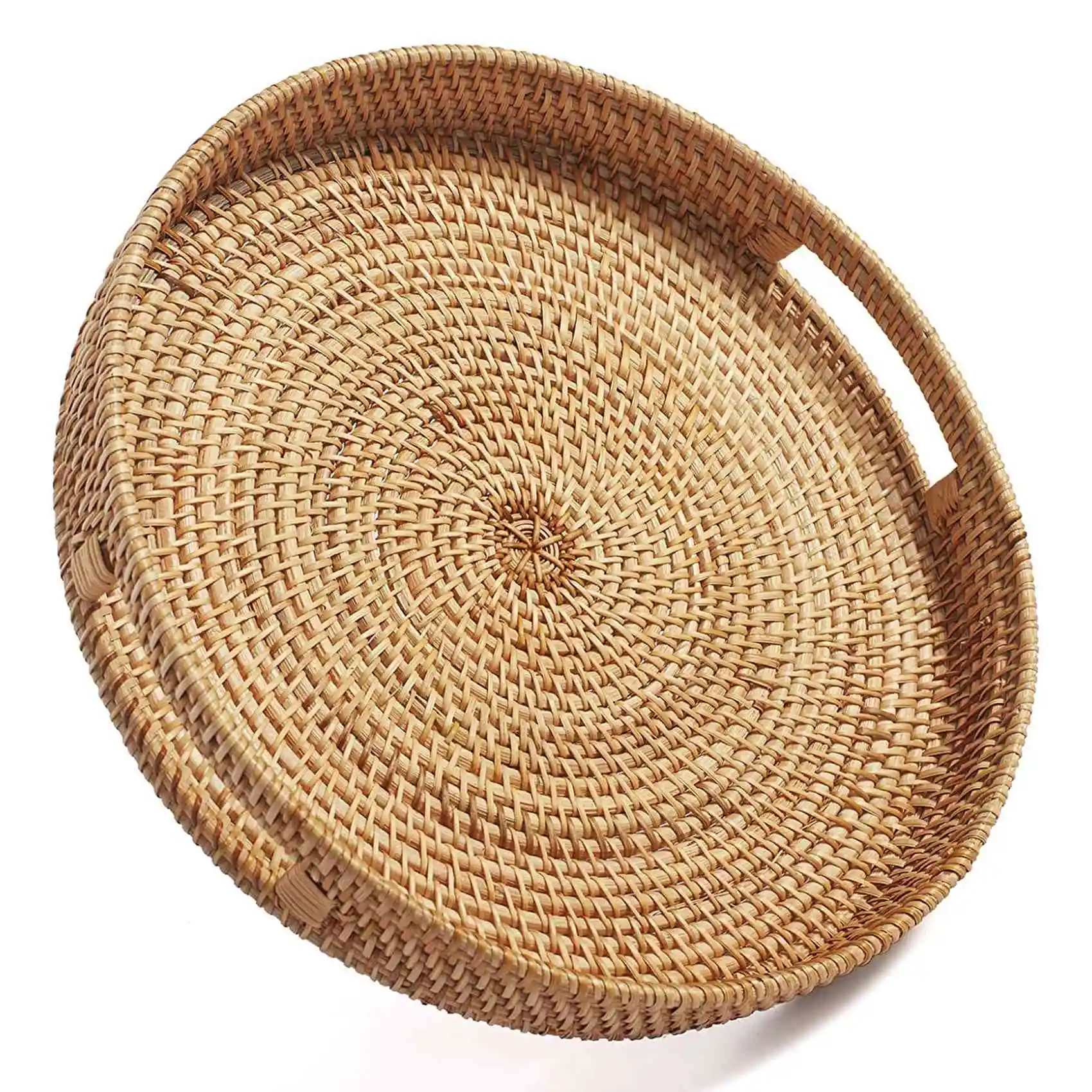 Round Rattan Serving Tray Decorative Woven Ottoman Trays with Handles for Coffee Table Natural(Small)