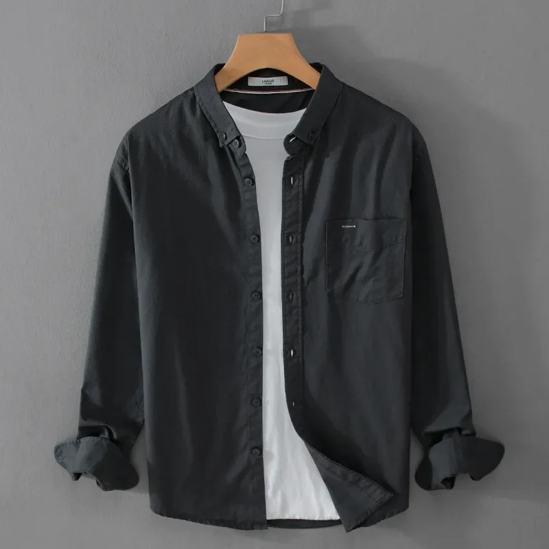 

Spring Summer Men Shirts Daily Casual Mens Long Sleeve Shirt Lapel Pocket Slim Pure Cotton Man Shirts Japanese Simple Clothing