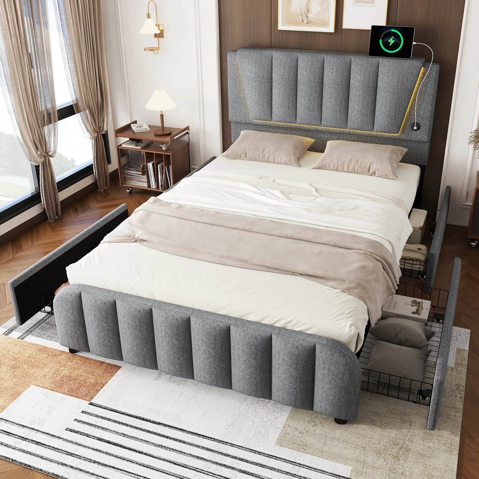 Upholstery bed, 140x200cm, bed with slatted frame (without mattress), remote control room light, bed with four drawers