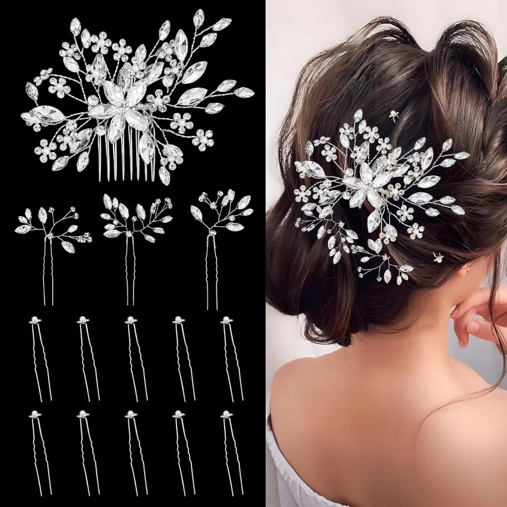 

14 шт. свадебные аксессуары для волос, свадебные аксессуары для волос, заколки для волос со стразами, расческа с жемчугом и кристаллами для свадебных подружек невесты, женщин