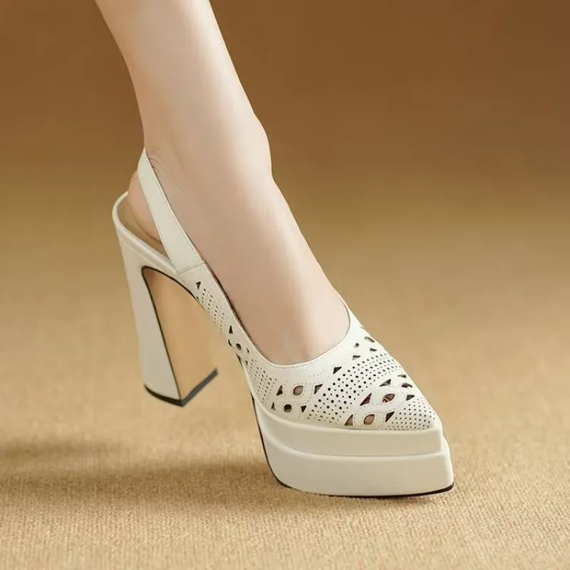 

Cutout High Heel Sandals Summer New Pointed Toe Shallow Mouth Slip Strap Non-slip Block Heel Shoes
