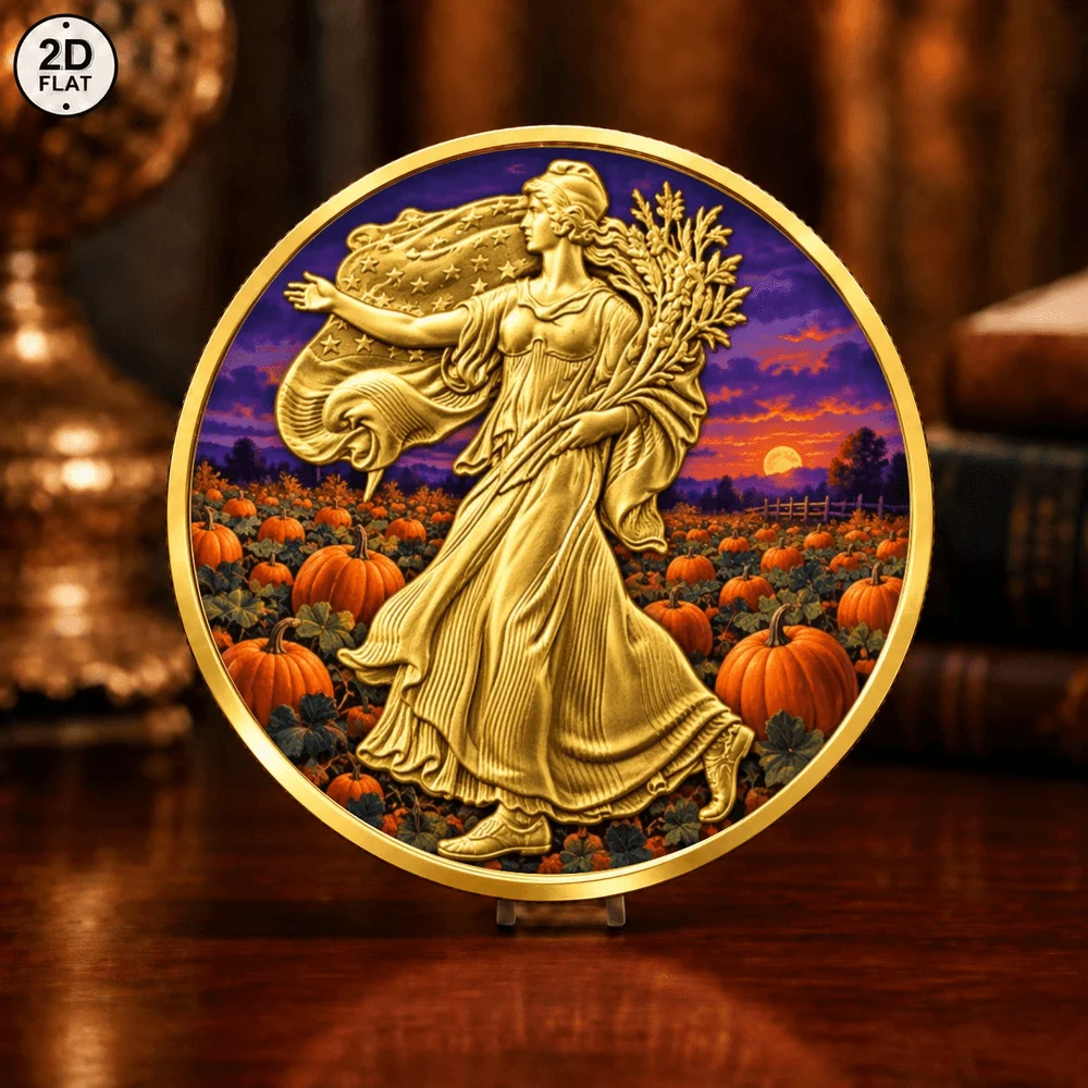 1pc Halloween Pumpkin King Commemorative Coin UV Print Scary Jack-o'-lantern Collectible Metal Medal Souvenir Decor Holiday Gift