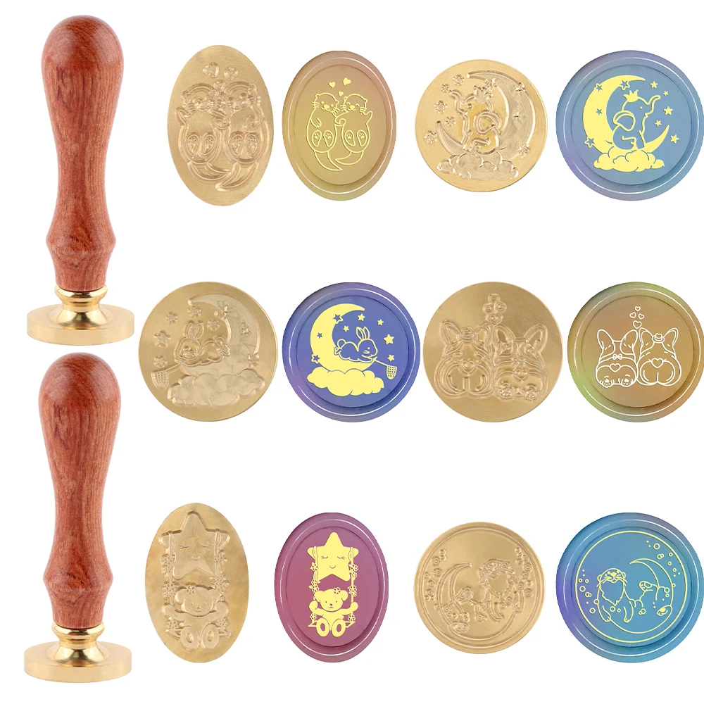 

1Set Wreath Wax Seal Stamp Moon and Animals Sealing Wax Stamps Vintage Removable Brass Stamp Head with Wood Handle