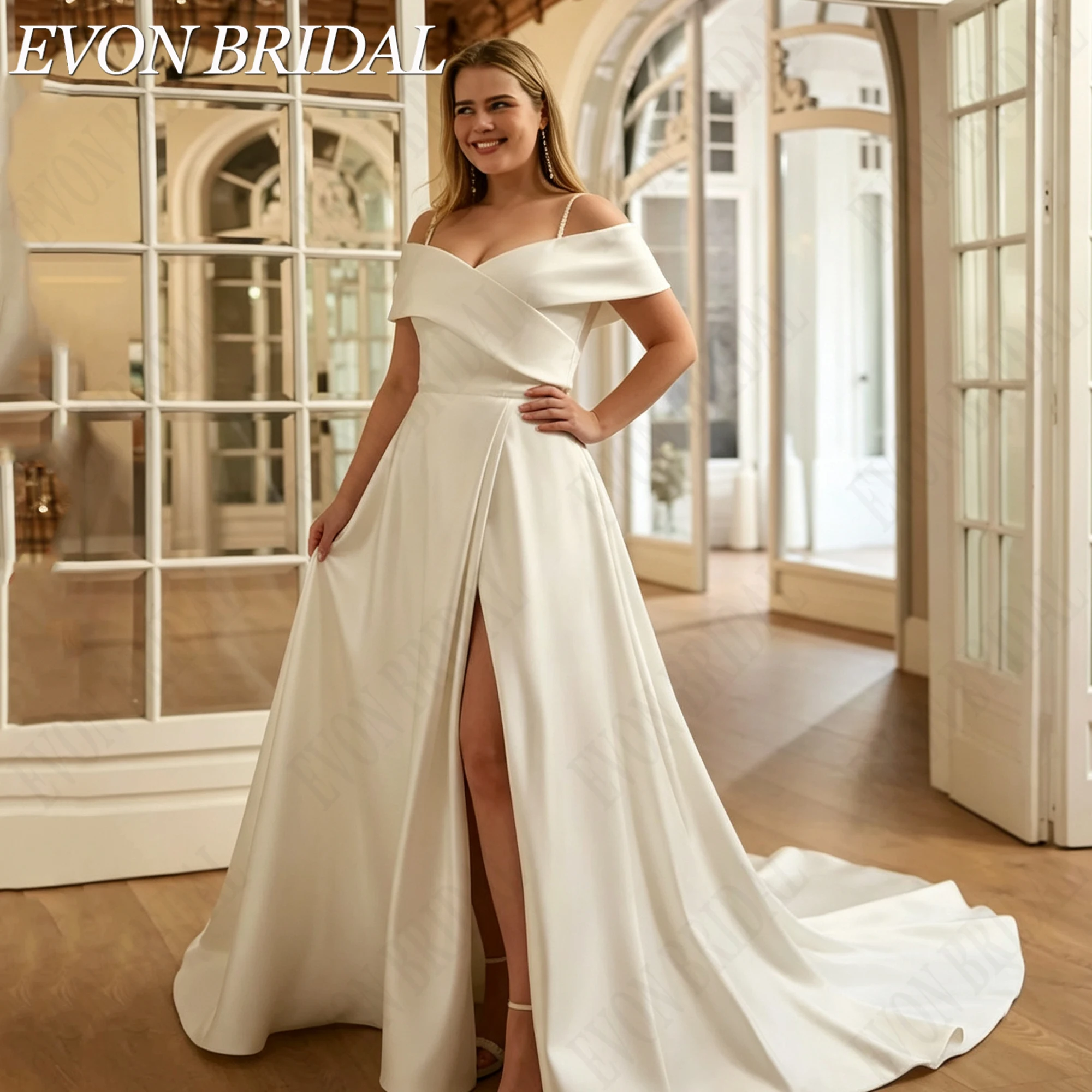 EVON BRIDAL Plus Size Side Split Wedding Dress Elegant Spaghetti Strap V-Neck Satin Bride Dresses A-Line Bridal Gown Customized