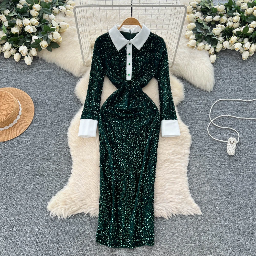 Chic vintage colletto rovesciato glitter manica lunga Elegante fata moda coreana Boho abito da donna