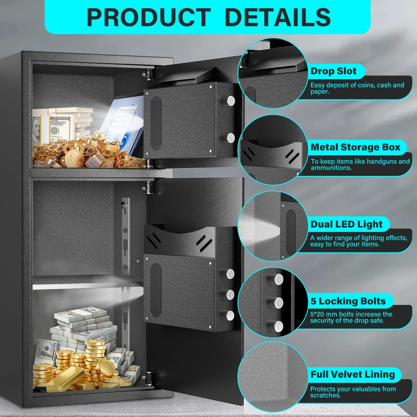 6.0 Cu ft Extra Large Digital Safe Box with Fireproof Waterproof Bag,  Home Safe Box with Deposit Slot & Metal Storage Box