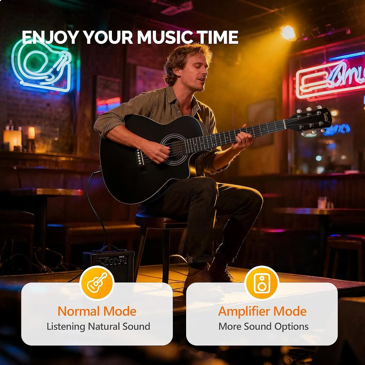 GLARRY 36in Acoustic Electric Guitar Beginner Kit with 15W Amp, Bag, Picks, Strap - Black