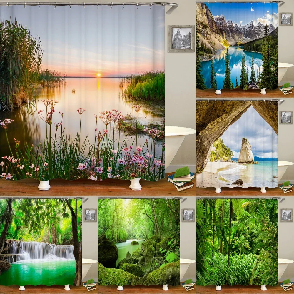 Tropical Paradise Shower Curtain Waterproof Bathroom Decor Realistic Waterfall Forest Beach Scene Curtain